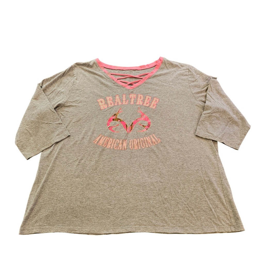 Realtree Womens 2XL Gray Pink Camo Graphic Tee 3/4 Sleeve Strappy V-Neck Top